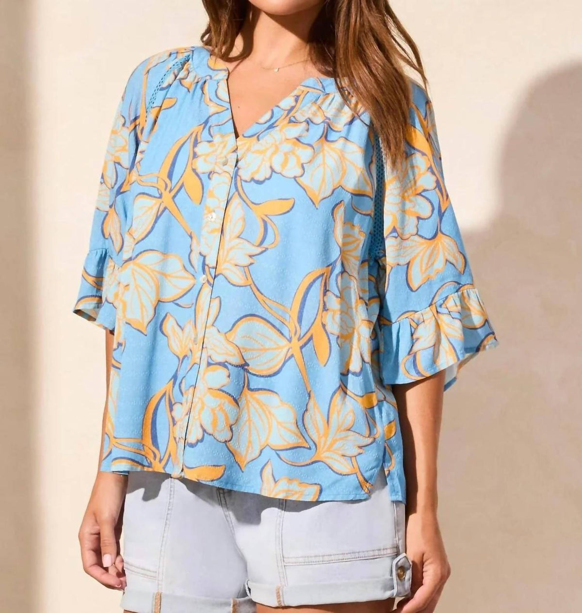 Tribal - Ruffle Sleeve Jacquard Blouse