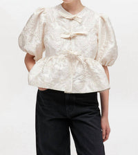 GANNI Satin Cloque Peplum Blouse in egret - women's blouse
