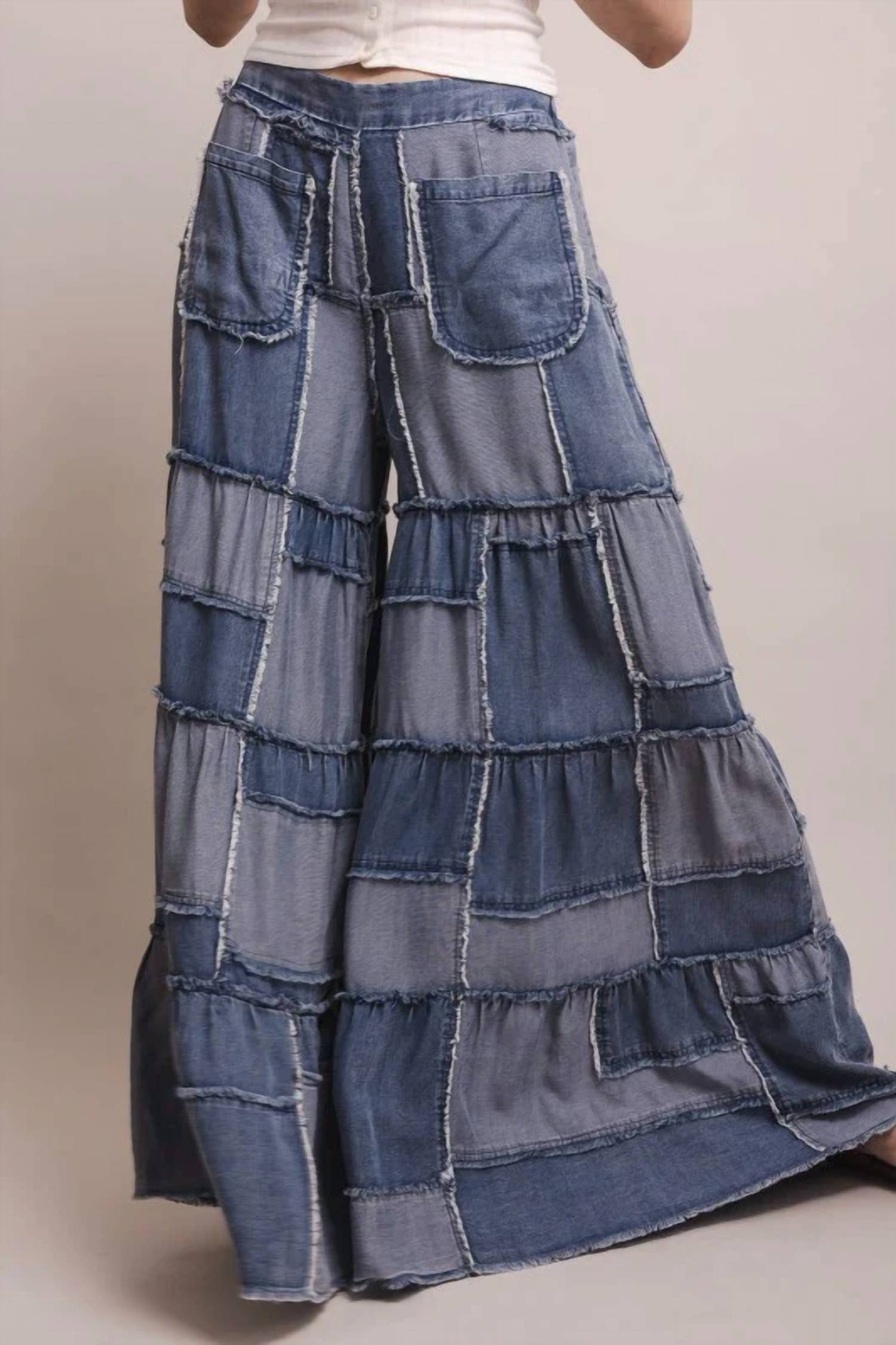 Blue Velvet - Wide Leg Patchwork Chambray Tiered Pants