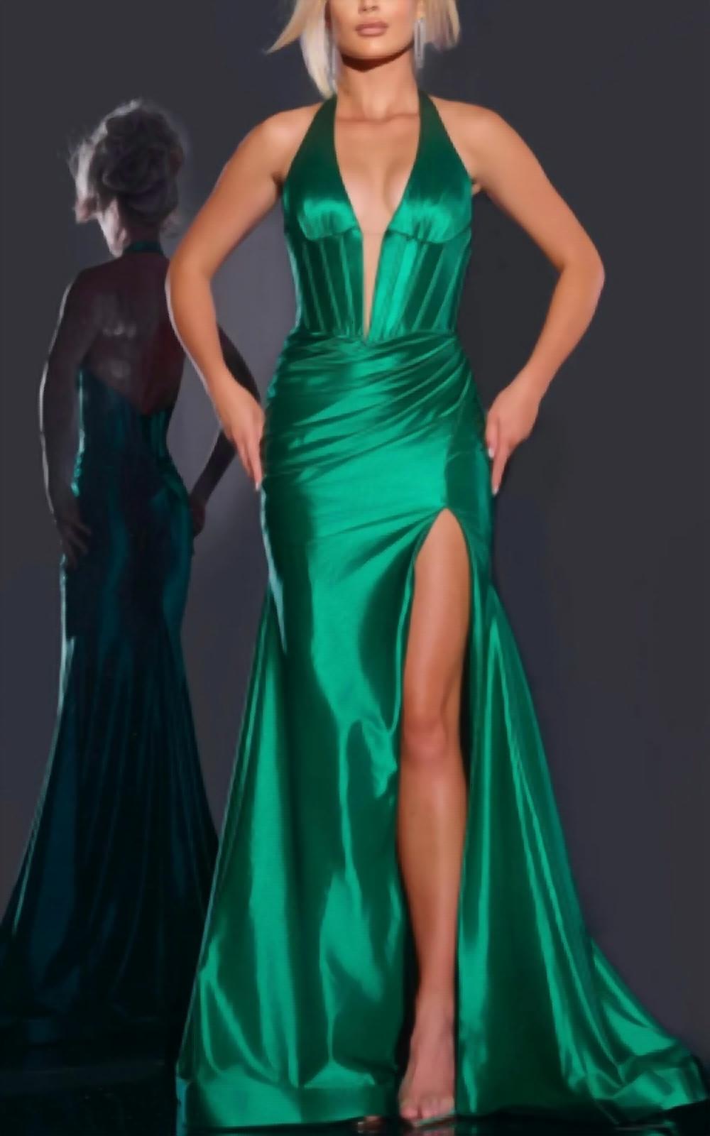 Jovani - Halter Satin Gown With Ruched Wrap Skirt