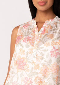 Lovestitch - Sheer Floral Button Front Ruffle Neck Tank Top