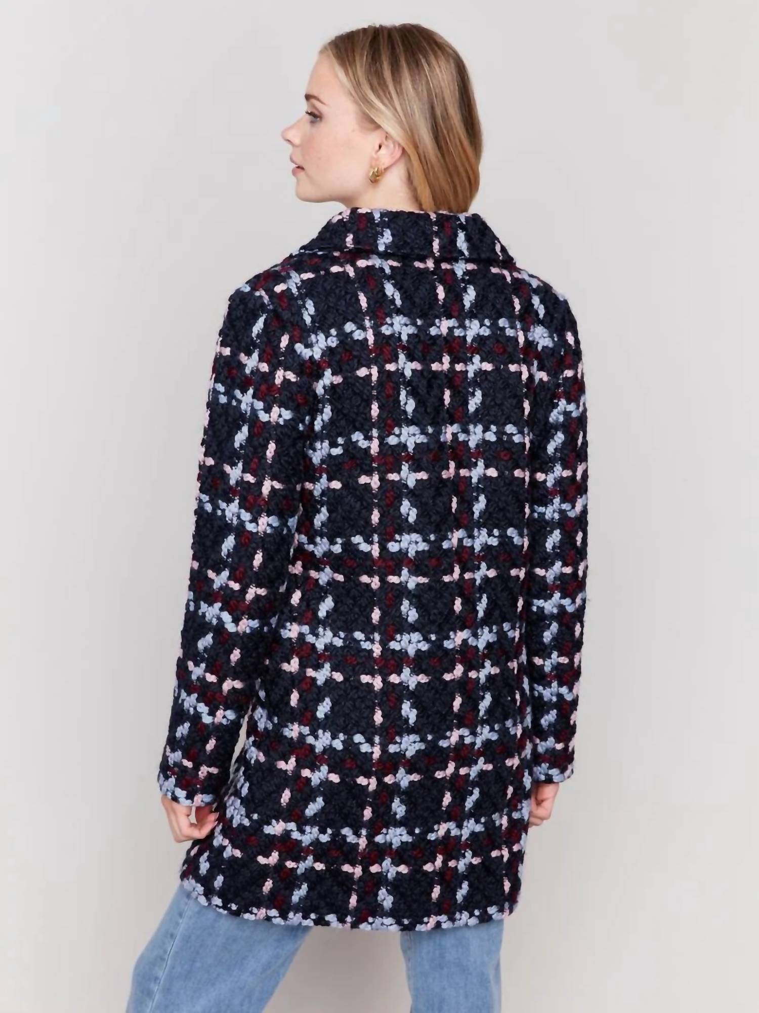 CHARLIE B Straight Cut Plaid Boucle Coat in pastel - women's jacket - alternate view