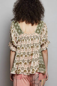 POL Feminine Beads Trim Accent Woven Top in sand multi - women's blouse - alternate view