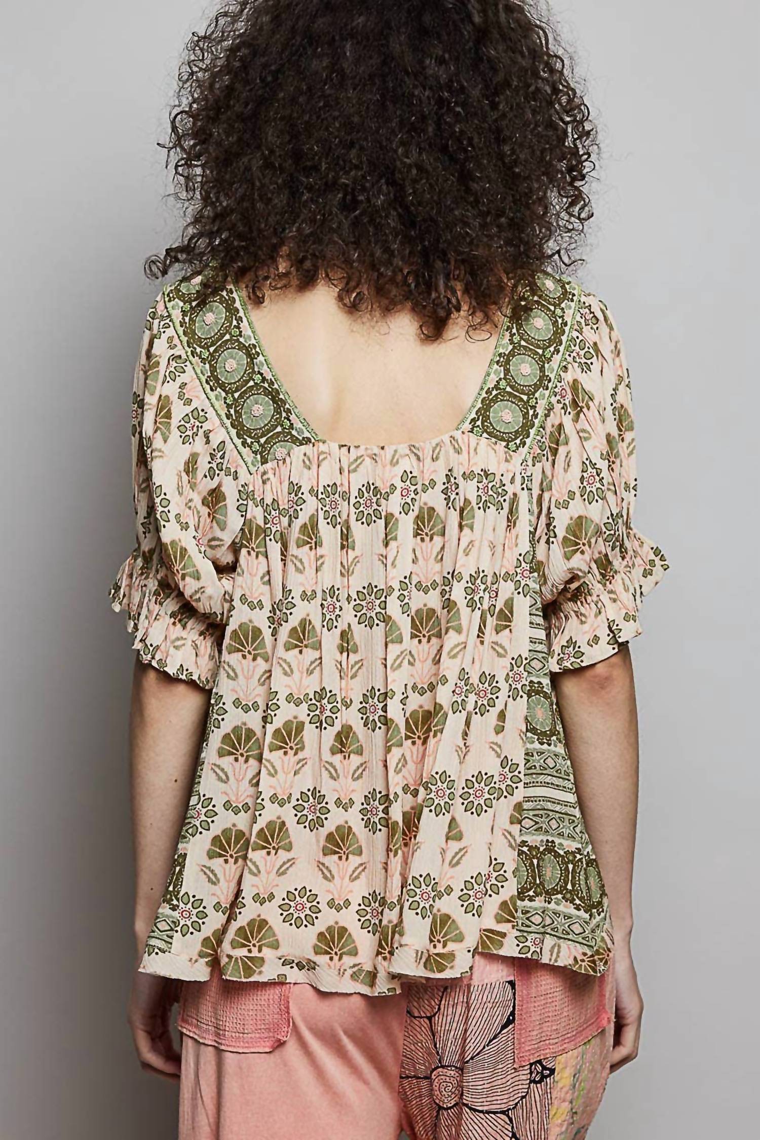 POL Feminine Beads Trim Accent Woven Top in sand multi - women's blouse - alternate view