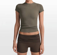 NikeSKIMS Ribbed Seamless Short Sleeve Top in oak moss dune - women's t-shirt