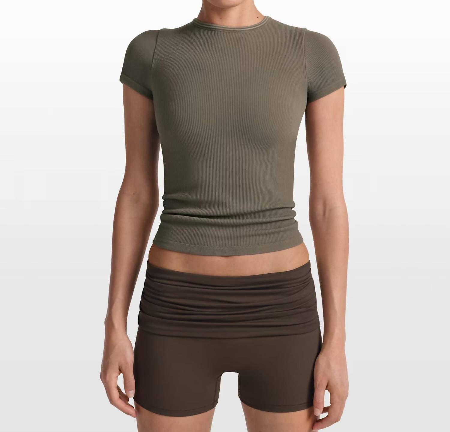 NikeSKIMS Ribbed Seamless Short Sleeve Top in oak moss dune - women's t-shirt