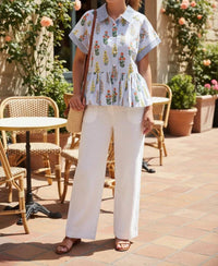 She + Sky - Drop Shoulder Button Down Printed Top