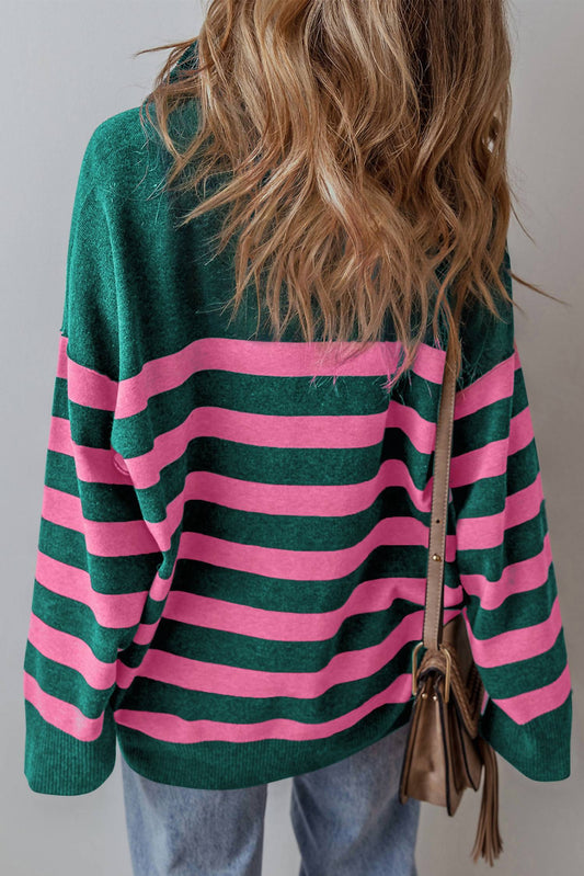 Shewin - Striped Collared Quarter Zip Oversized Sweater - Plus