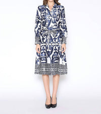 Gracia - Floral Long Sleeve Lapel Collar Tie Belt Dress