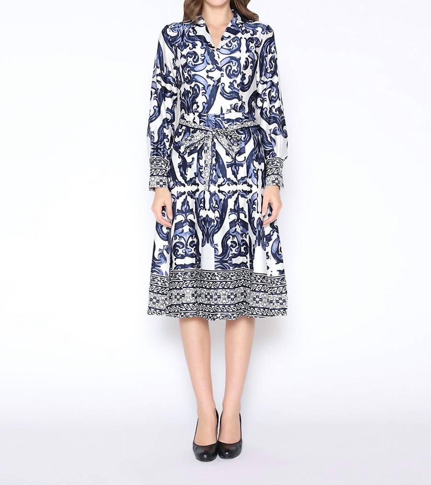 Gracia - Floral Long Sleeve Lapel Collar Tie Belt Dress