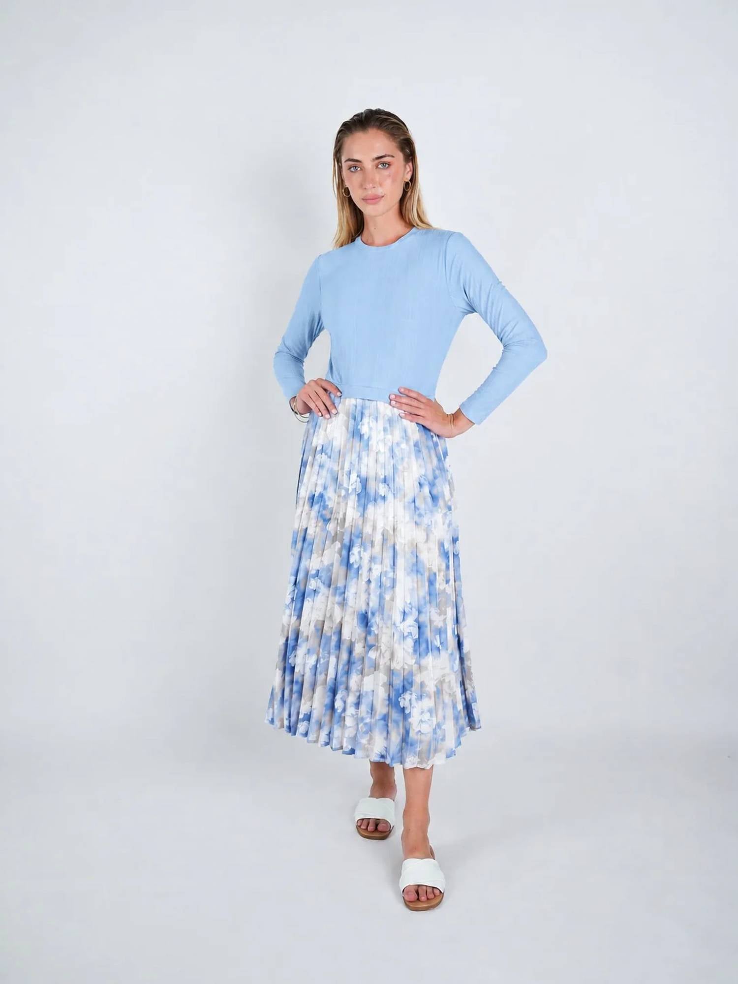 John Abgin - Two Tone Stretch Pleated Midi Dress
