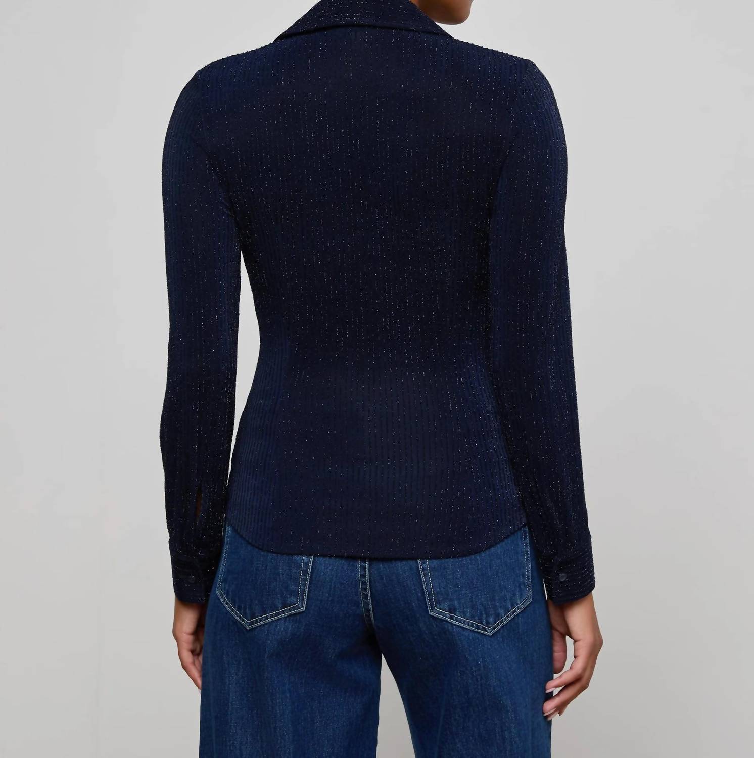L'Agence Indiana Blouse in midnight metallic strips - women's blouse - detail view