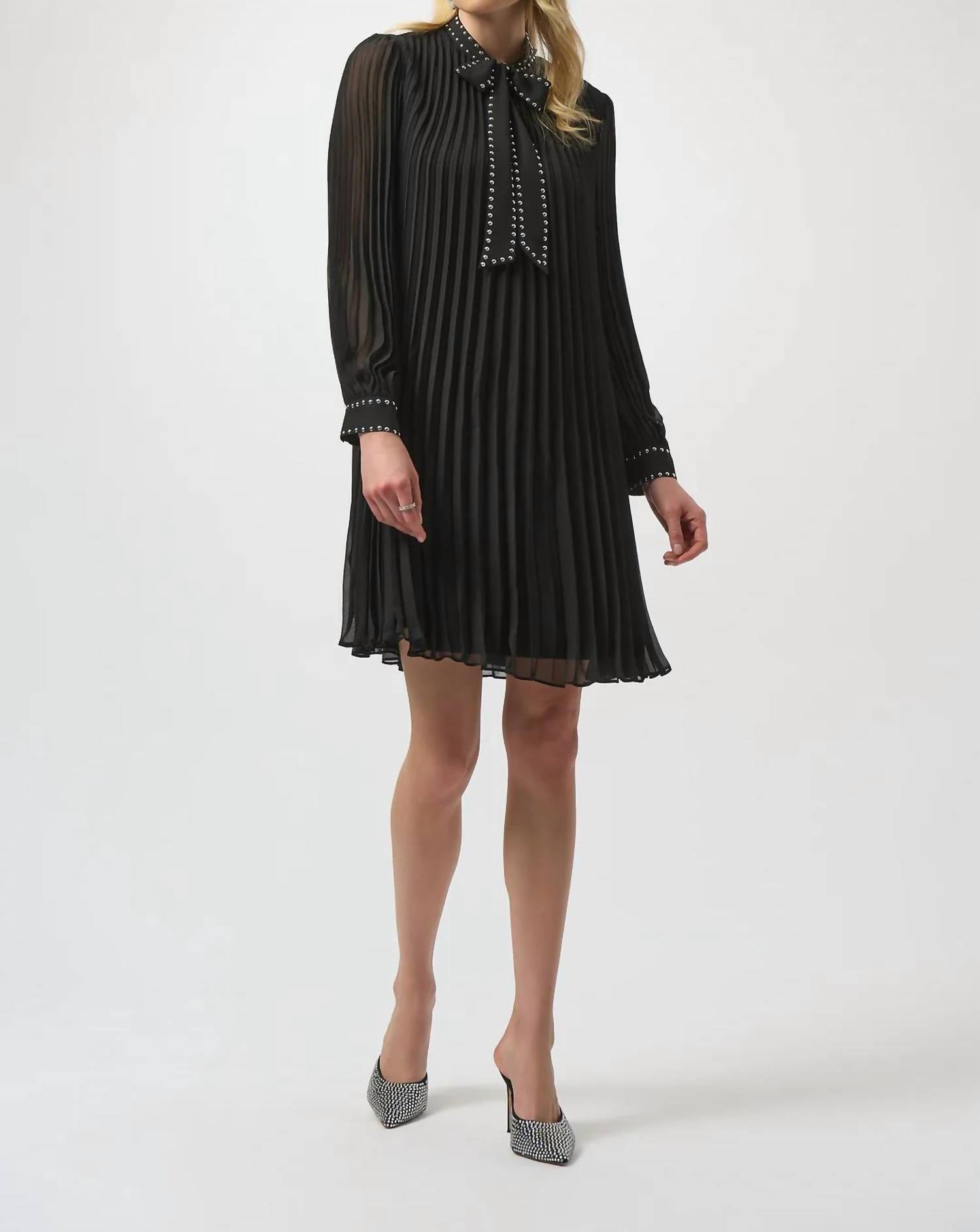 Joseph Ribkoff Studded Scarf Collar Long Puff Sleeve A-line Dress in black - women's dress