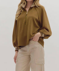 entro Half Zip Knit Top With Striped Rib Trim in olive - women's jacket - view 4