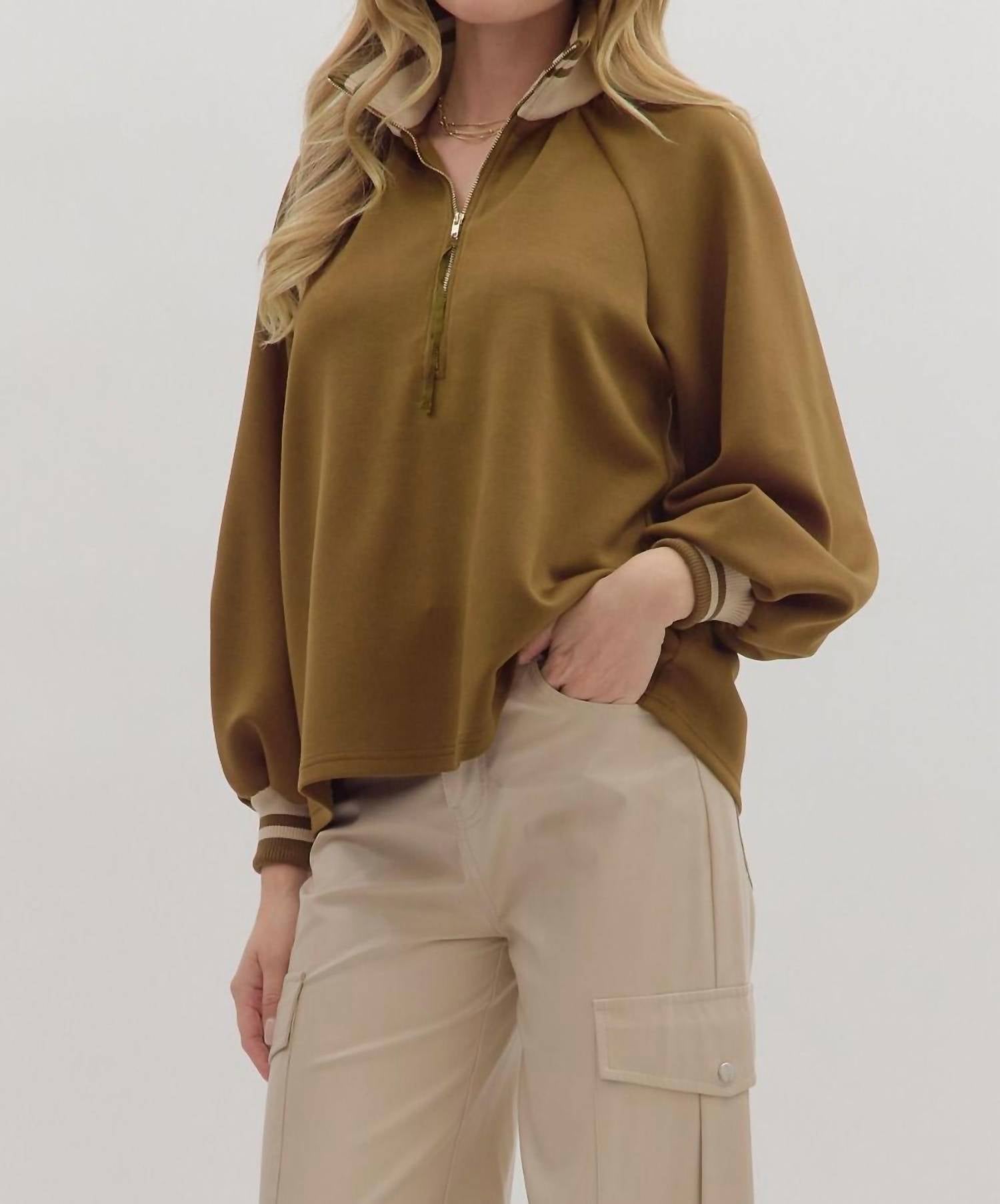 entro Half Zip Knit Top With Striped Rib Trim in olive - women's jacket - view 4