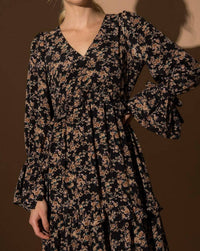 Lena - Floral Print Long Sleeve Ruffle Midi Dress