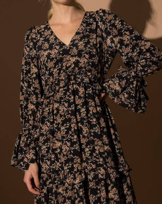 Lena - Floral Print Long Sleeve Ruffle Midi Dress
