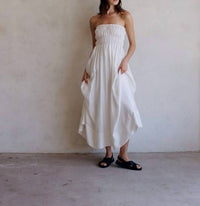 By Together - Woven Cupro Polyester Smocking Tube Neck Sleeveless Flare Flowy Midi Dress w/ Cotton Lining