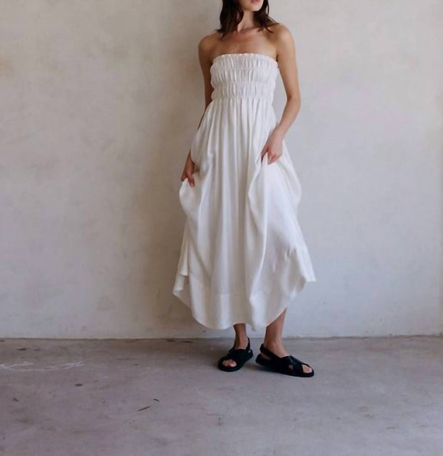 By Together - Woven Cupro Polyester Smocking Tube Neck Sleeveless Flare Flowy Midi Dress w/ Cotton Lining