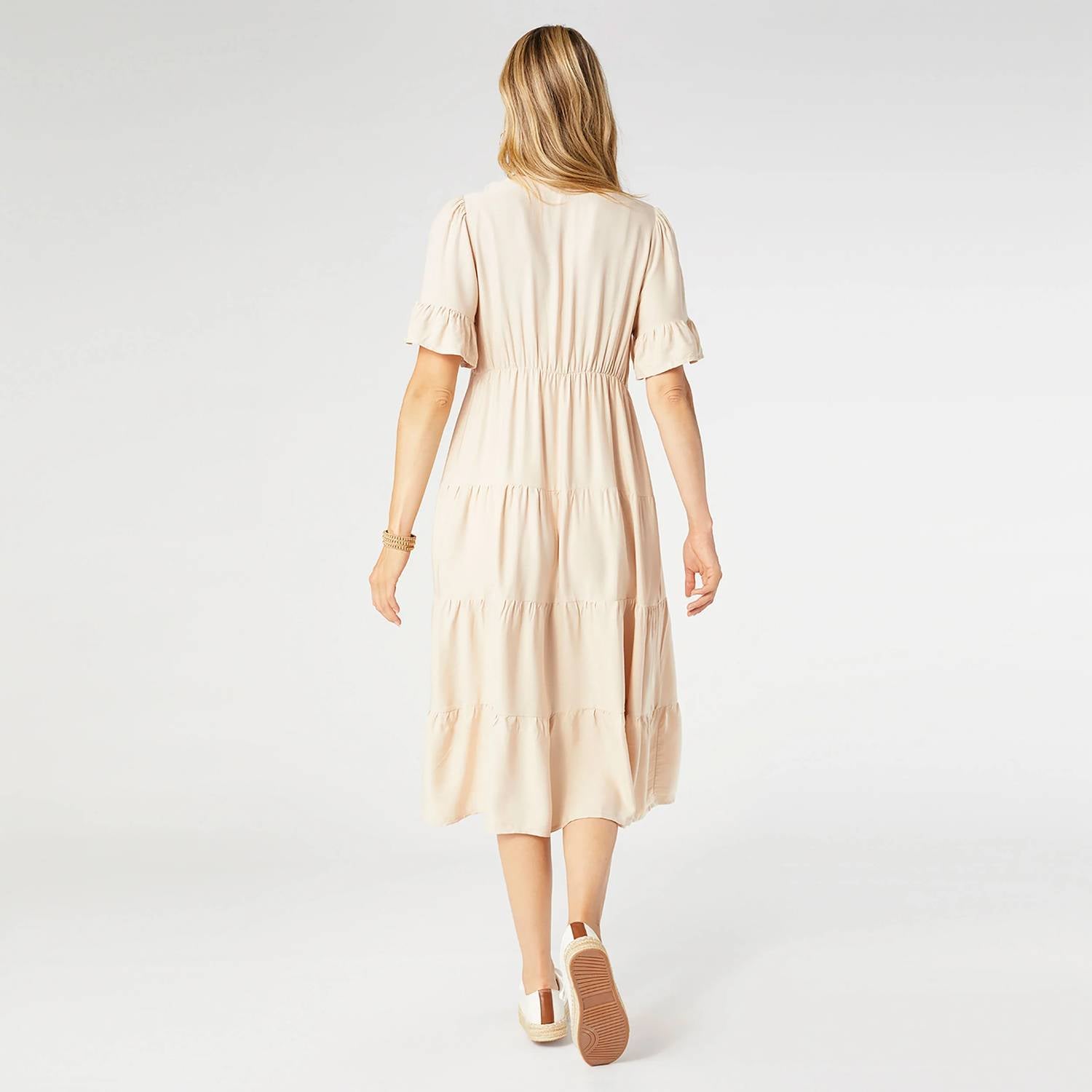 COCO + CARMEN Margaux Tiered Ruffle Sleeve Dress in natural - women's dress - detail view