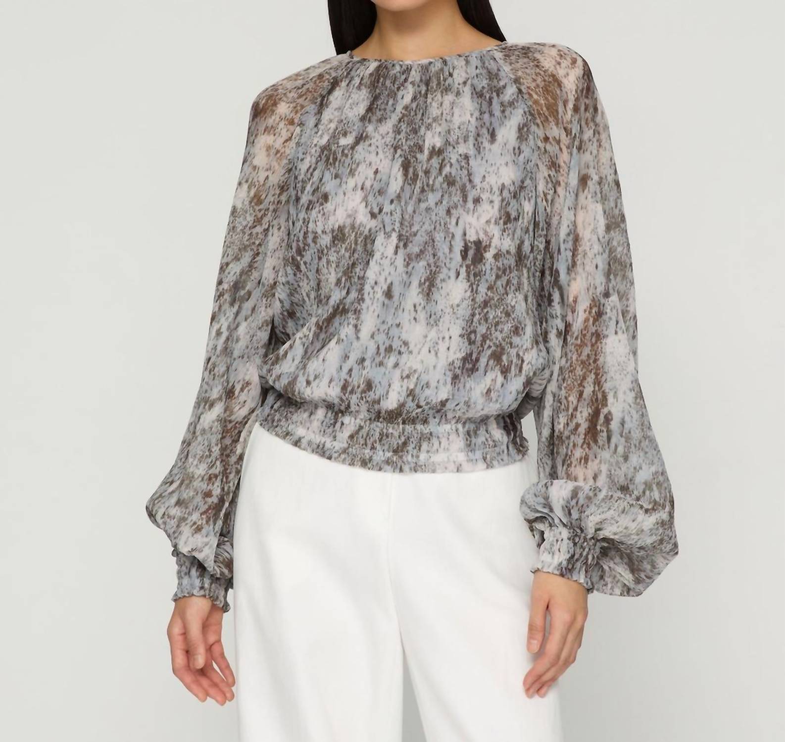 Lafayette 148 - Speckled Glaze Print Georgette Gathered Blouse - Petite