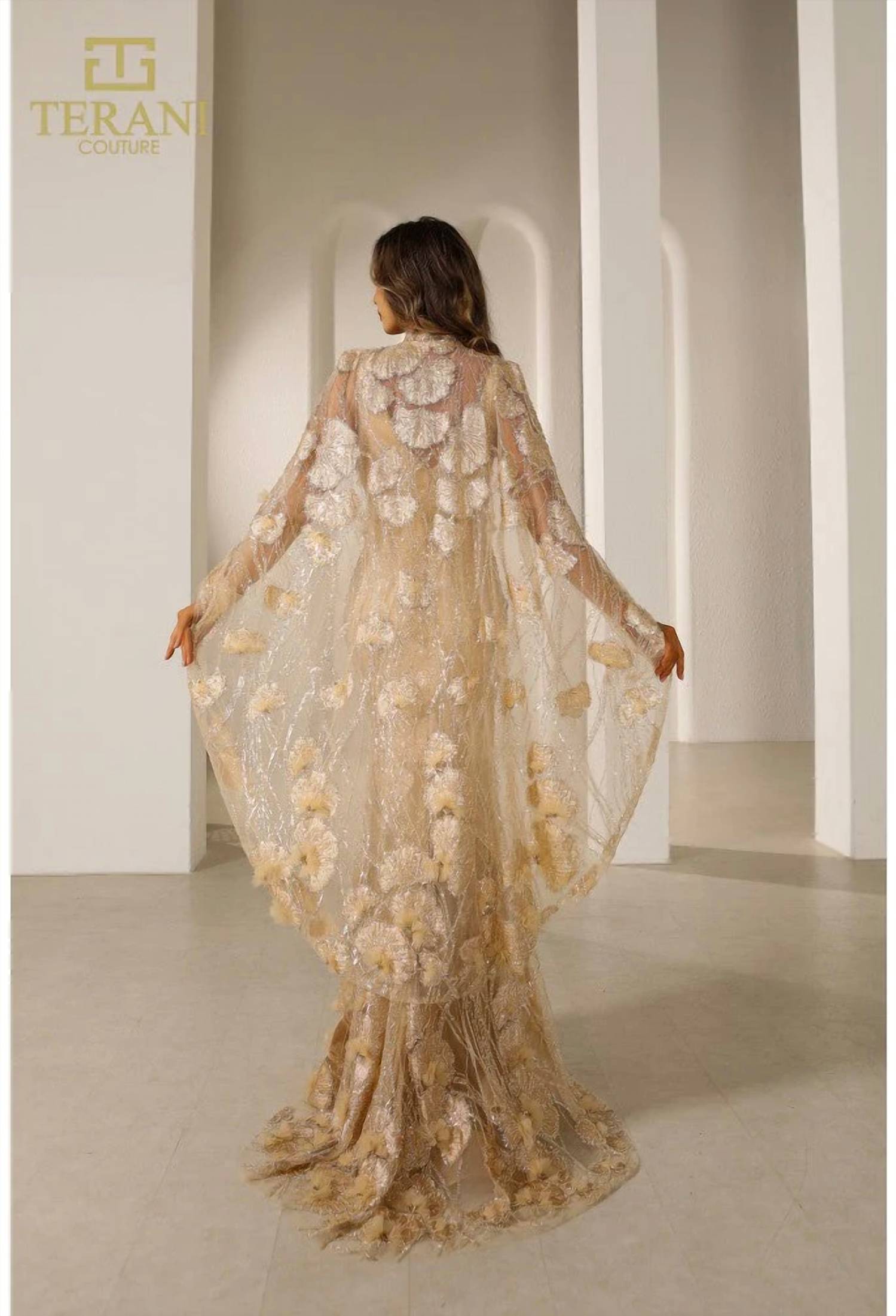Terani Couture - Mother Of The Bride Wedding Cape Long Evening Metallic Dress