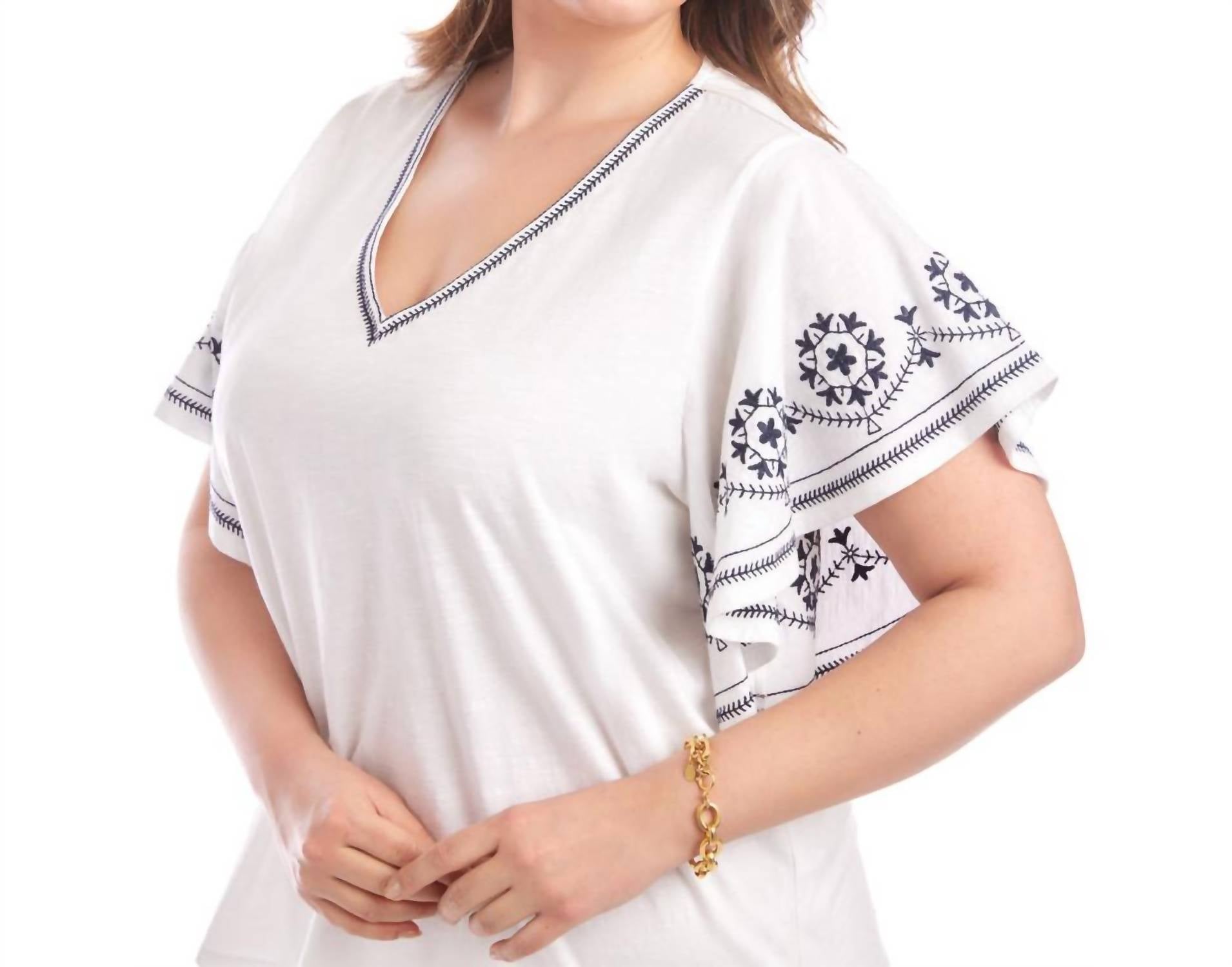 Karen Kane - Embroidered Flutter Sleeve Top - Plus