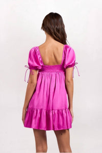 Sky to Moon Satin Puff Sleeve Babydoll Dress in rose - women's dress - detail view