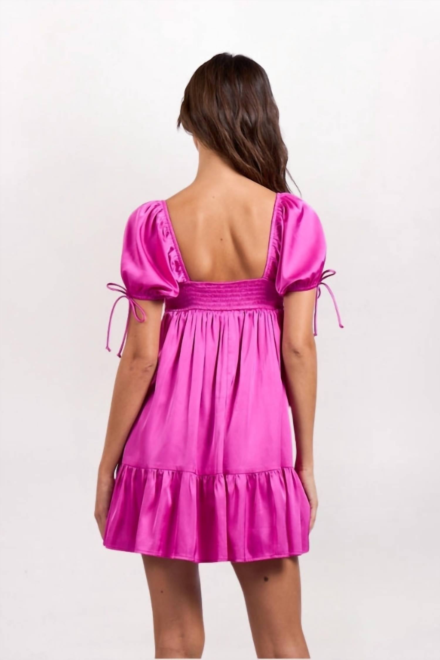 Sky to Moon Satin Puff Sleeve Babydoll Dress in rose - women's dress - detail view