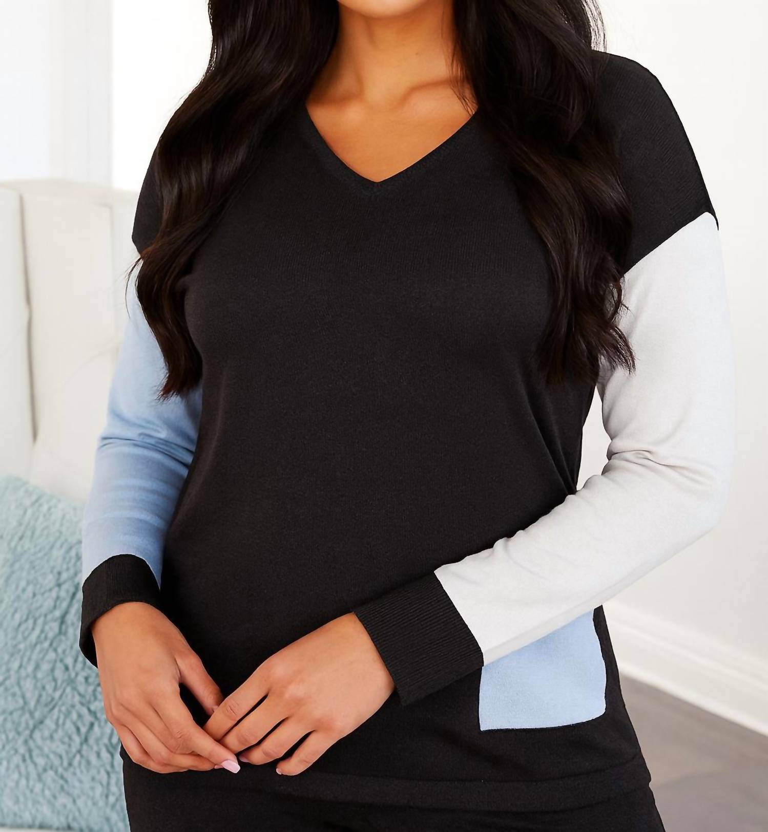 Angel Apparel - Color Block V-neck Top With Pocket