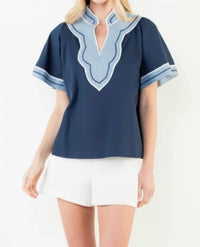 Thml - Wide Sleeve Contrast Trim V-neck Top