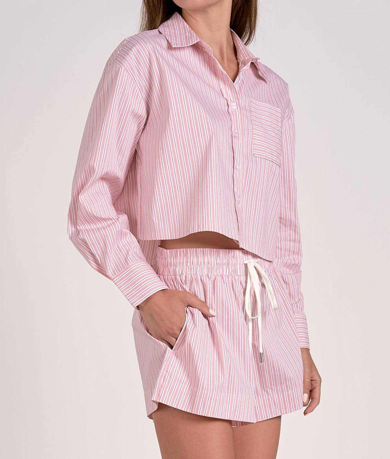Elan - Stripe Button-up Top & Shorts Set