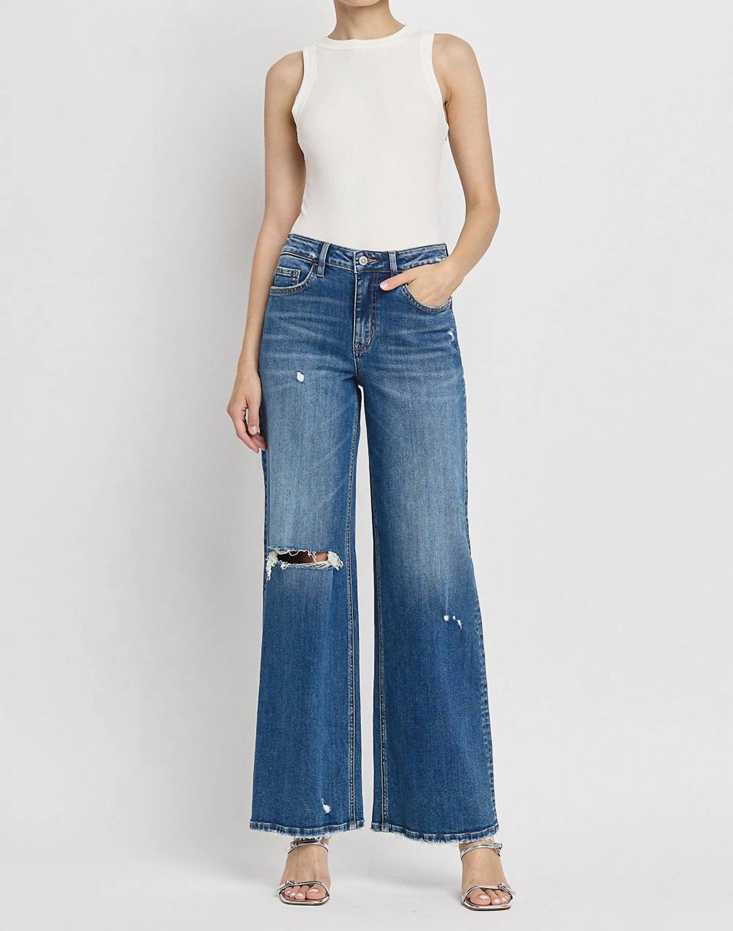 Flying Monkey - High Rise Distressed Wide Leg Jeans With Knee Slit