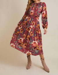 Gilli - Round Neck Front Tie Long Sleeve Floral Midi Dress