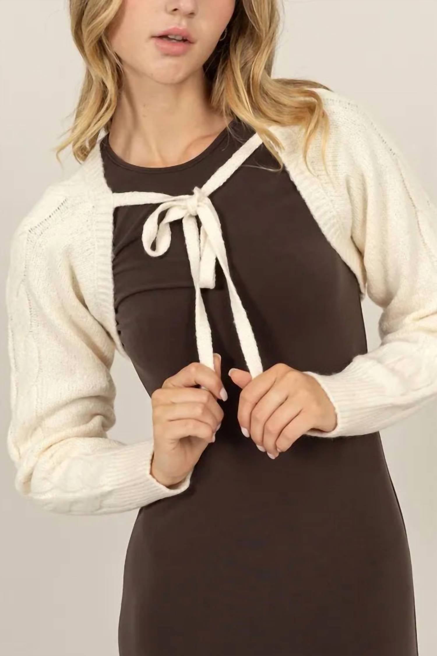 HYFVE Cable Knit Tie Front Shrug in cream - women's sweater - view 4