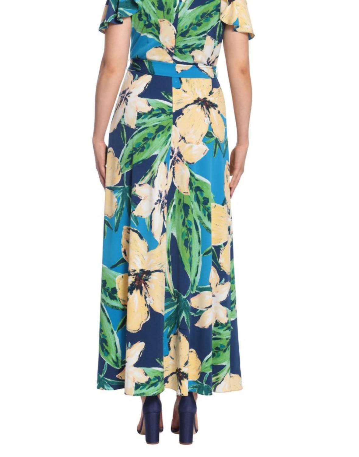 LONDON TIMES Floral Print Ruffle Cold Shoulder Front Slit Maxi Dress in blue yellow - women's dress - detail view