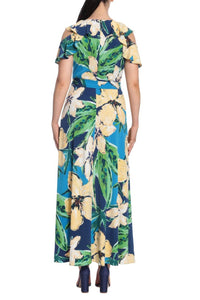 LONDON TIMES Floral Print Ruffle Cold Shoulder Front Slit Maxi Dress in blue yellow - women's dress - alternate view