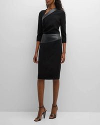 Teri Jon - Faux Leather Trim Crepe Dress