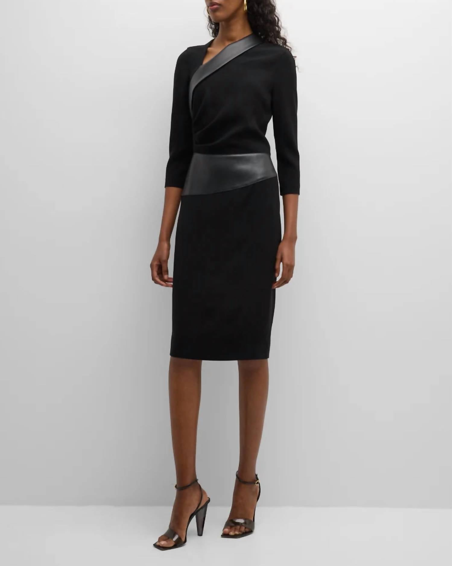 Teri Jon - Faux Leather Trim Crepe Dress