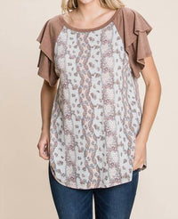 Emerald Collection Floral Paisley Tiered Sleeves Top in brown - women's blouse - detail view