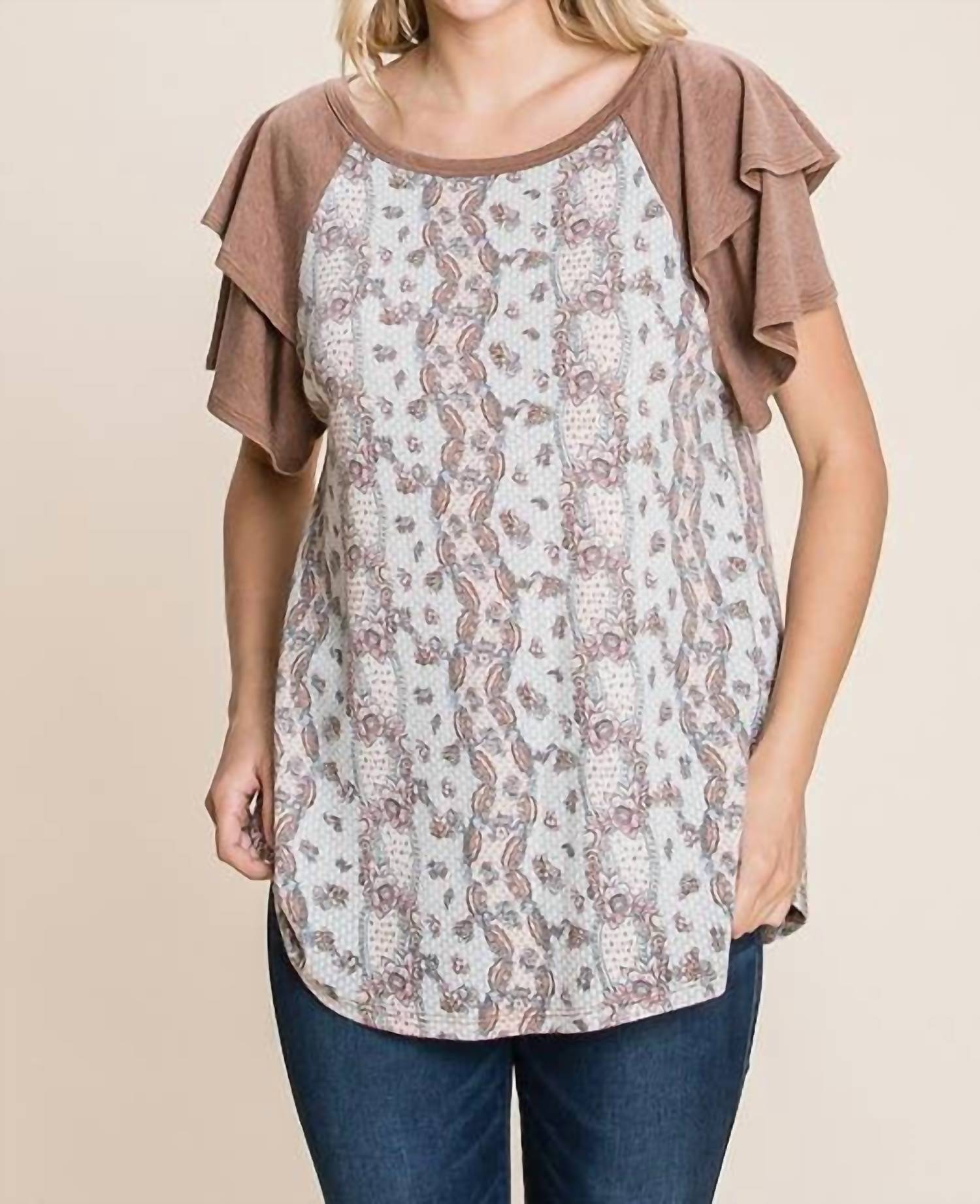 Emerald Collection Floral Paisley Tiered Sleeves Top in brown - women's blouse - detail view