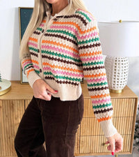 PINCH Collared Button Up Stripe Long Sleeve Sweater in oatmeal multi - women's sweater - detail view