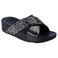 fitflop Women's Lulu Crystal Mix Metallic Cross Wedge Slides in all black - women's sandal