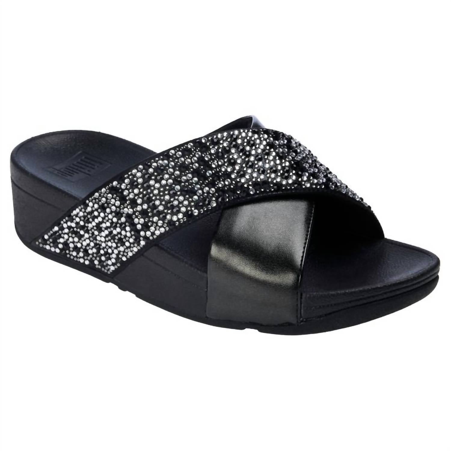 fitflop Women's Lulu Crystal Mix Metallic Cross Wedge Slides in all black - women's sandal