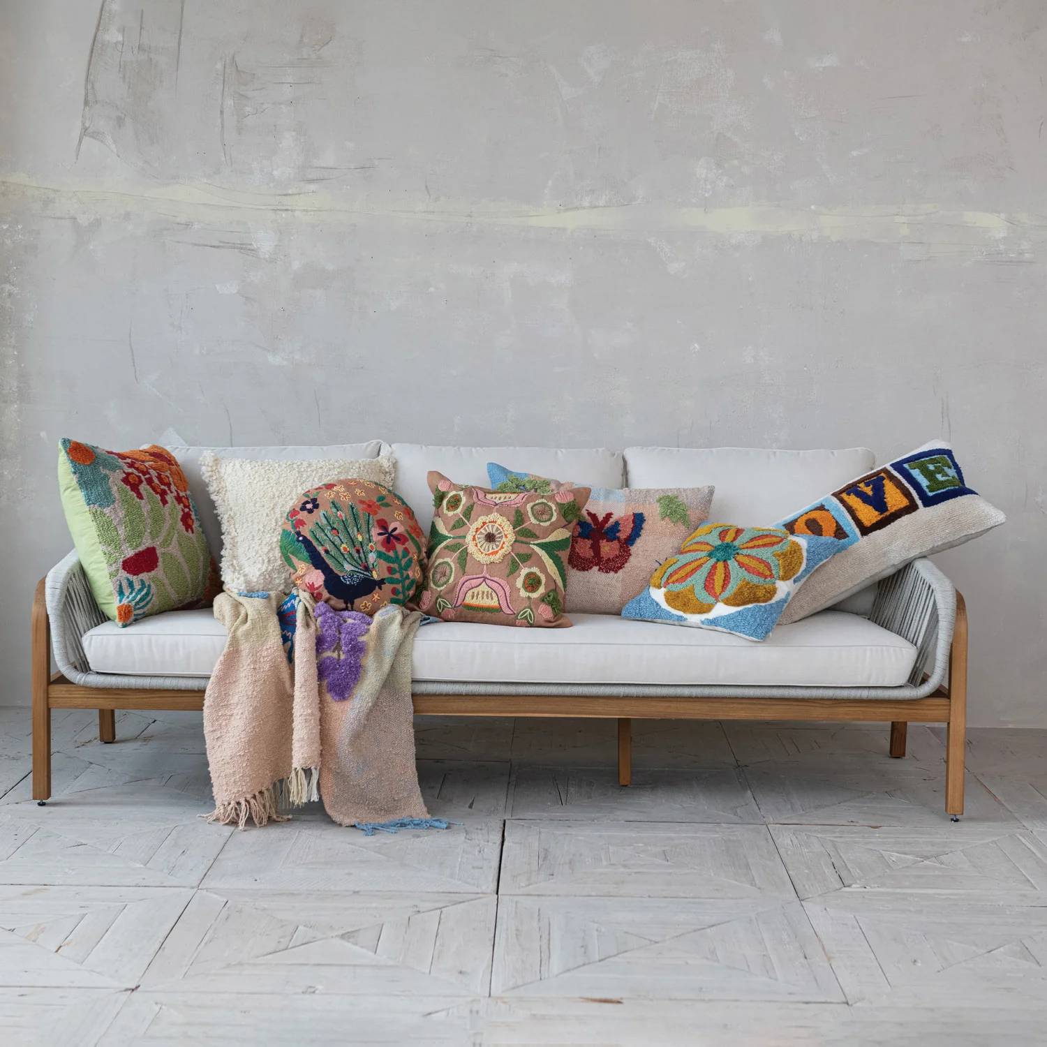 Creative Co-Op - Tufted & Embroidered Butterfly & Insect Woven Thow Pillow