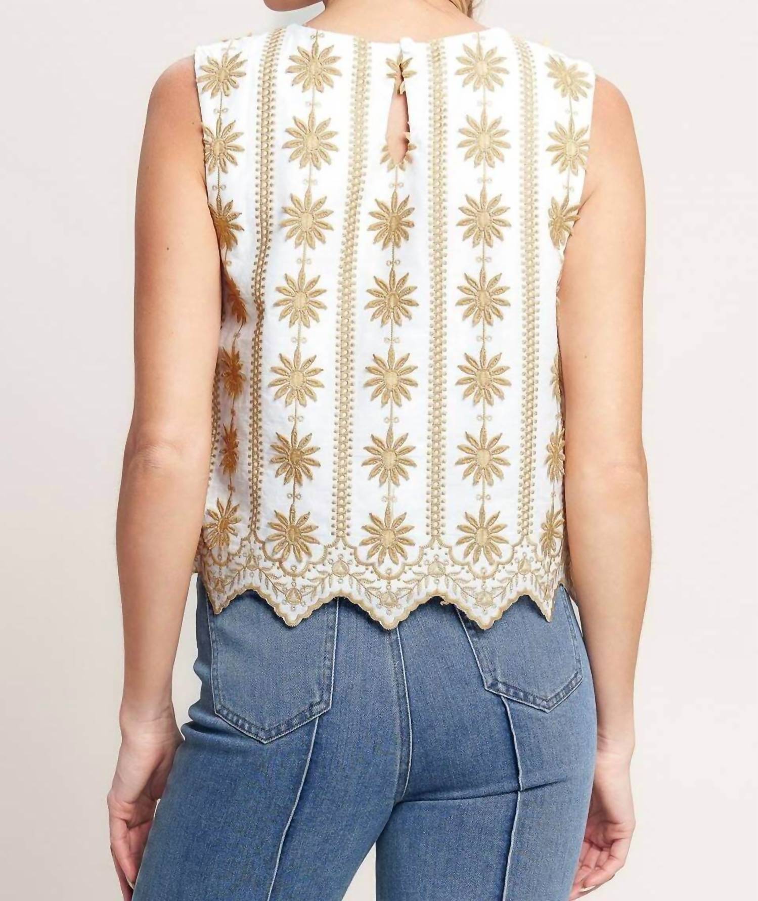Flying Tomato - Bridget Embroidered Sleeveless Top with Scalloped Hem
