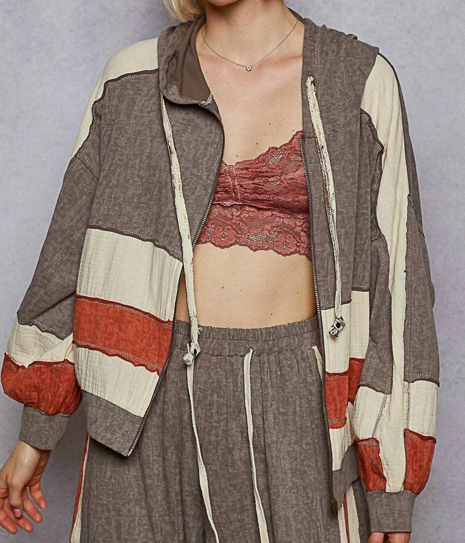 POL Vintage Washing Double Gauze Patch Solid Hooded Zip Up Top in charcoal - women's top - detail view