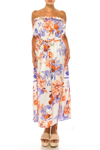 Vivid - Floral Belted A-line Strapless Maxi Dress