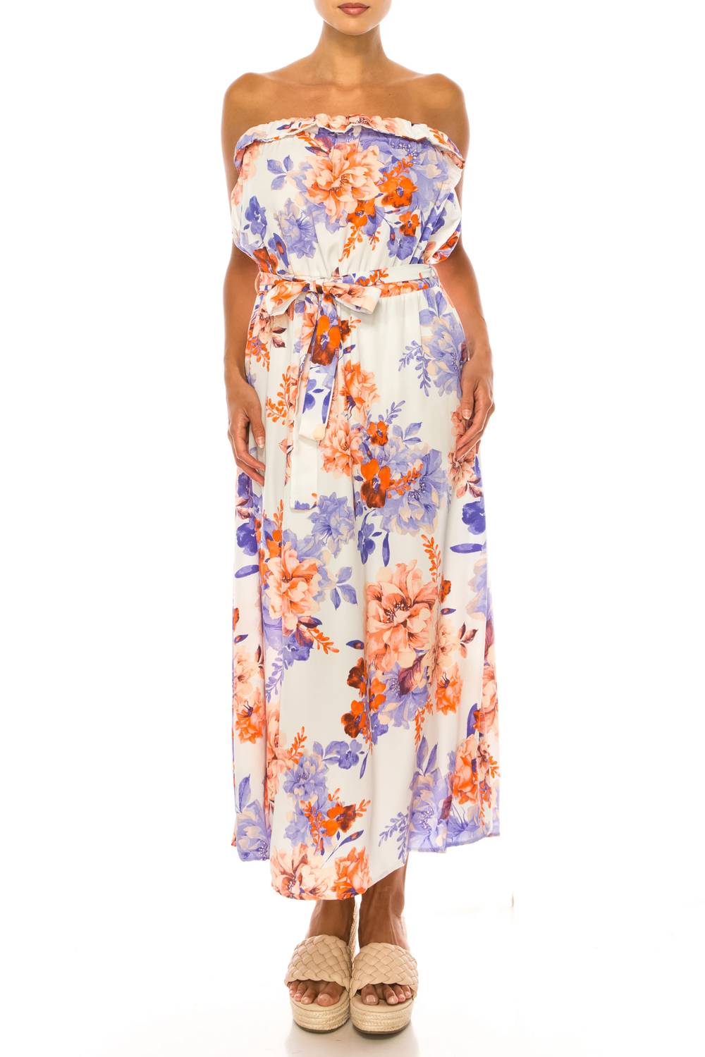Vivid - Floral Belted A-line Strapless Maxi Dress