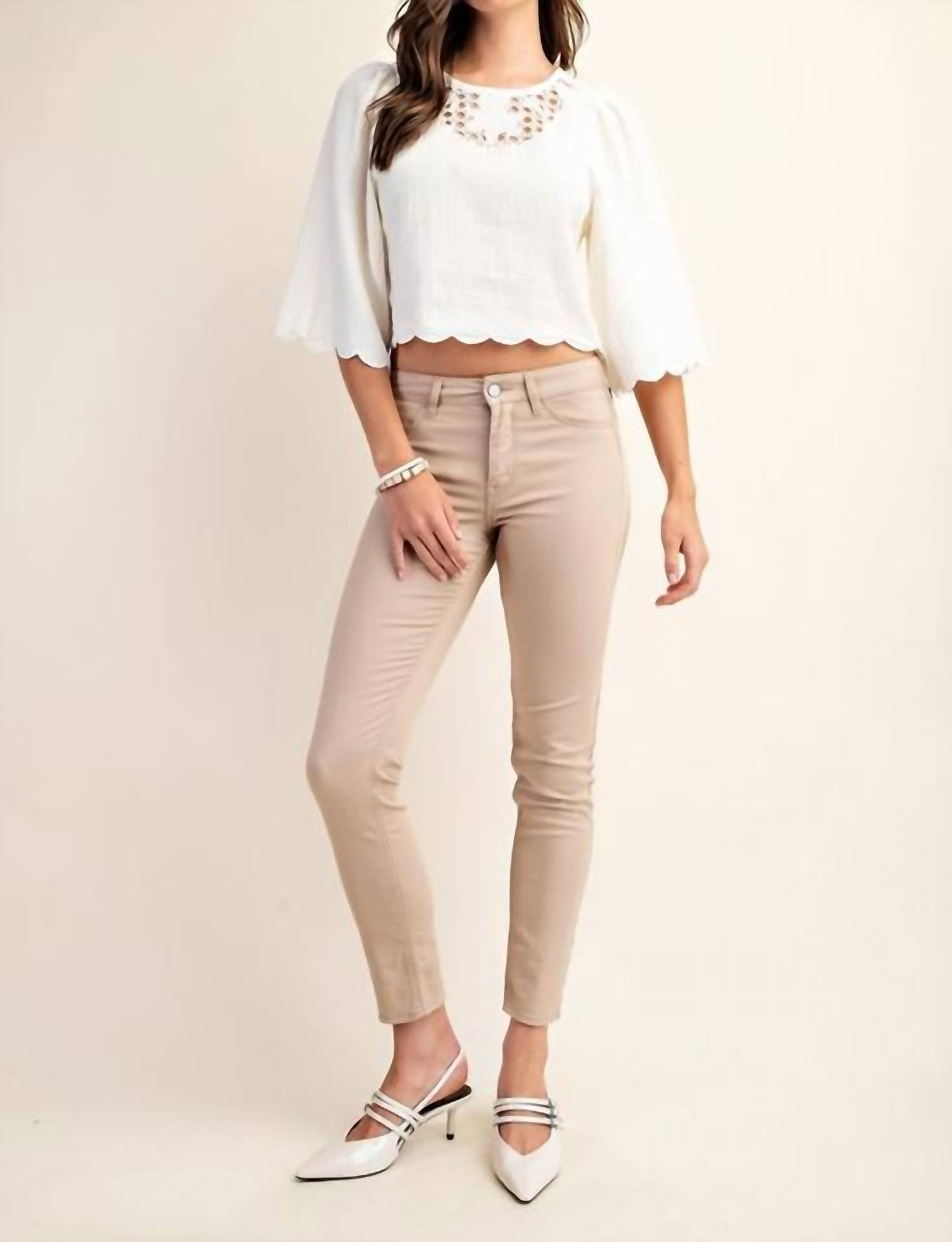 Gigio - Embroidered Cutout Bell Sleeve Crop Top